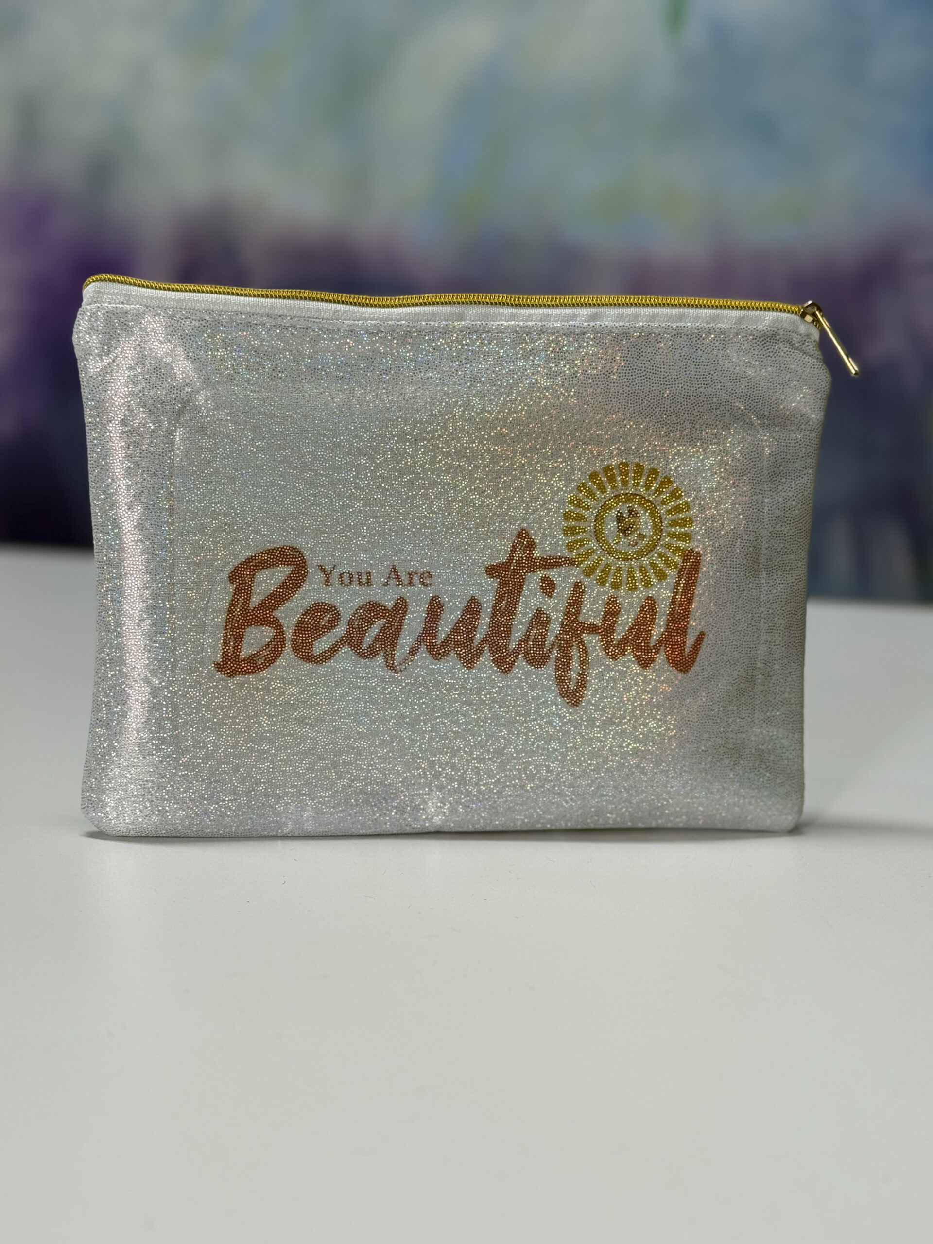 Glitter Pouch: You Are Beautiful Pink Flower - Image 2